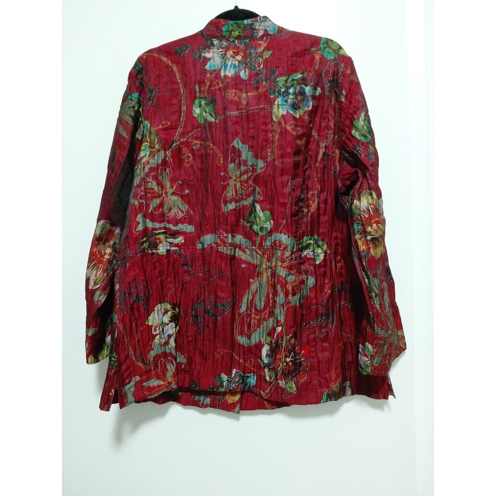 Citron Santa Monica Linen Nylon Crinkle Blouse Burgandy Floral Pockets‎ 0X NWT